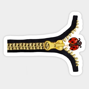 Black with gold zipper and ladybug crawling out Sticker